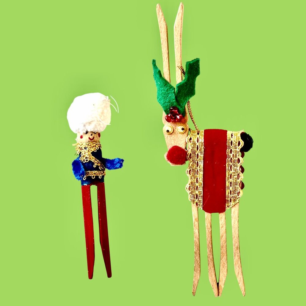 Christmas Wood Clothespiin Ornaments Hand Crafted Retro Reiindeer + Drummer Boy